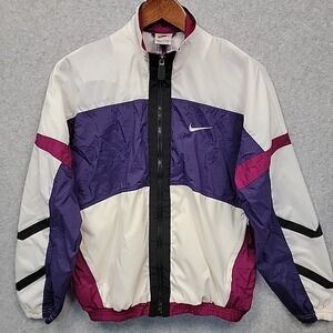 Vintage 90s NIKE Windbreaker Jacket White Purple Magenta Zip Up Men's Small EUC